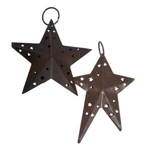 Rustic Tin Star with Star Cutouts 4” Set of Two Brown Farmhouse Style Wall Decor